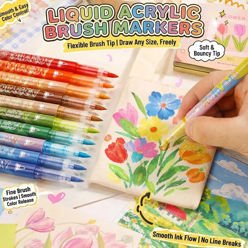 12 Colors Acrylic Markers Soft Brush Pen Tip: 7 Color Systems Drawing Anime Painting DIY Rock Halloween