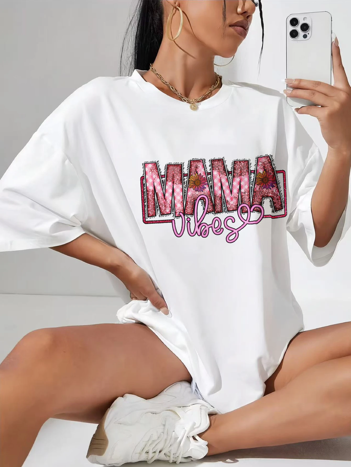

mama vibes sublimation White round neck pregnancy tee with adjustable ruching comfortable for late pregnancy