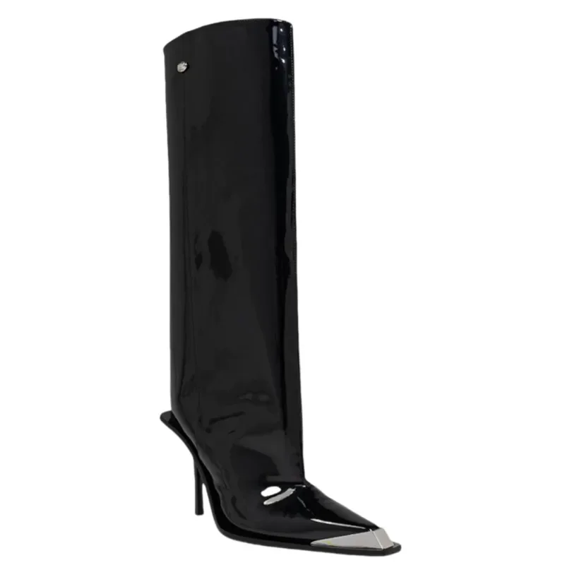 Autumn and Winter New Metal Pointed Patent Leather Knee High Boots, Slim High Heels, Wide Tube Women\'s Oversized Boots