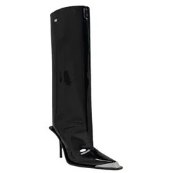 Autumn and Winter New Metal Pointed Patent Leather Knee High Boots, Slim High Heels, Wide Tube Women's Oversized Boots