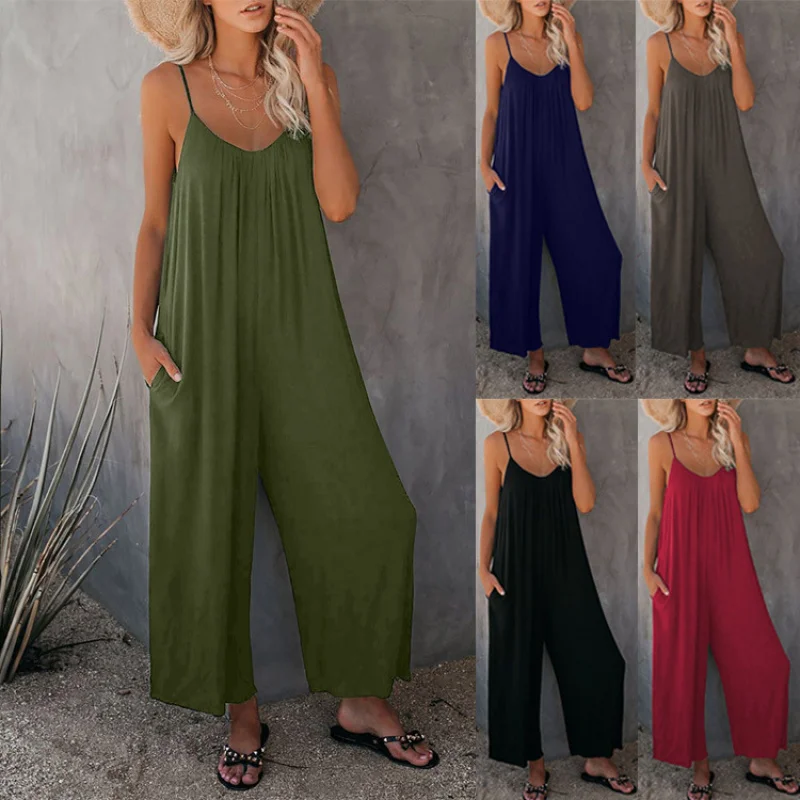 

Popular European and American2025Summer New Women's Long Pants New Solid Color Pocket Loose Casual Strap Jumpsuit