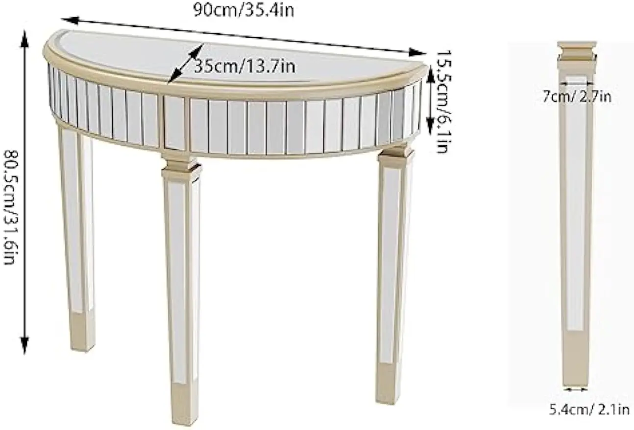 Half-Moon Mirrored Console Table: Tall Decorative Semi Circle Sofa Table 3 Leg Desk with Shelf and Beveled Glass Mirror Modern =