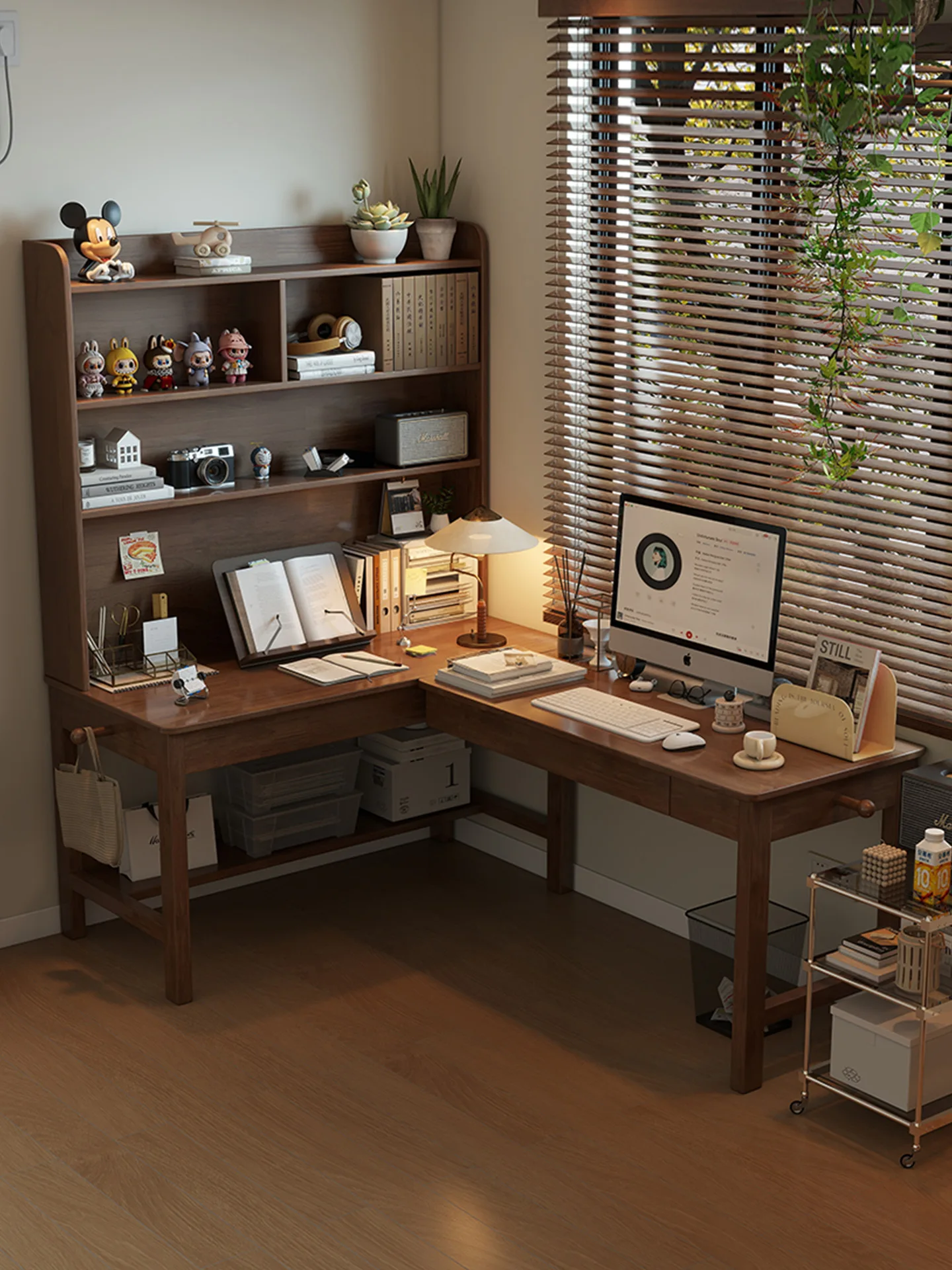 

All solid wood corner bookshelf integrated student home bedroom corner L-shaped computer desk