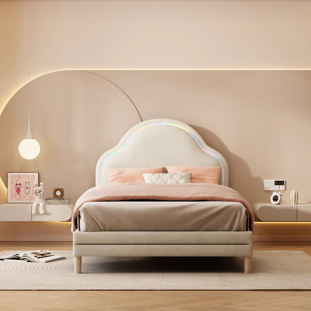 PINGGO Beige Samt Einzelbett 90x200cm Wolkenförmiges Kopfteil Farbwechsel-LED-Streifen Holzlatten Kinderbett Ohne Matratze – Detail 4