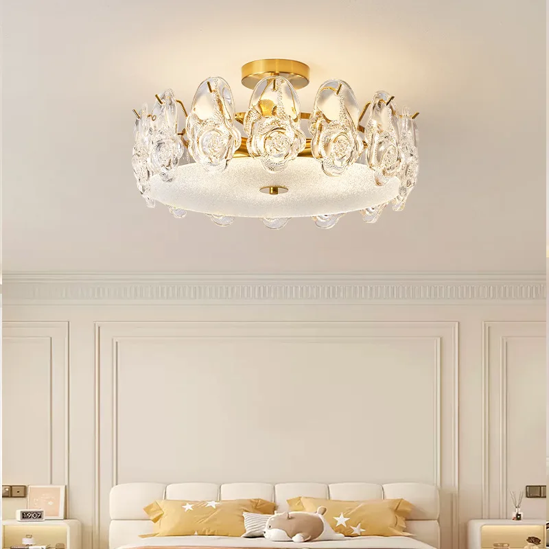 French Ceiling Light Modern Ins Luxury Bedroom Lamp Creative Glass Rose Flower Lighting Fixture