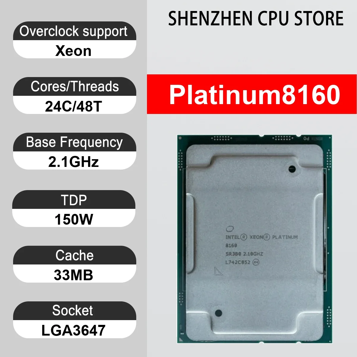 Intel Xeon Platinum8160 24 Core 48 Thread 2.1GHz 150W 33MB Cache 14nm LGA 3647 SR3B0 DDR4 2666 MHz Skylake-SP