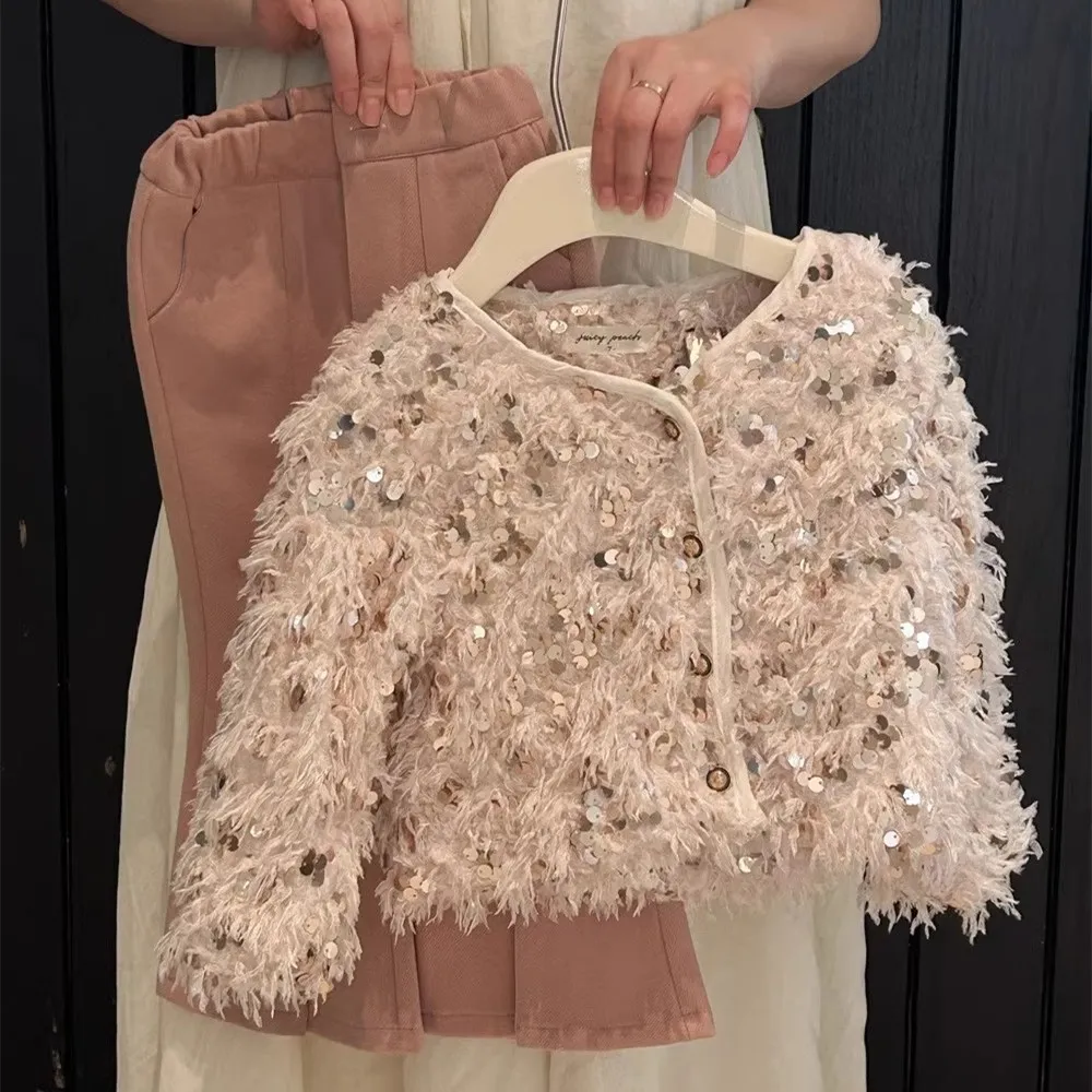 Children Clothing Girls Coat Sequin Long Sleeve Top 2023 Spring and Autumn New Fashionable Casual Simple Princes Sweet Coat