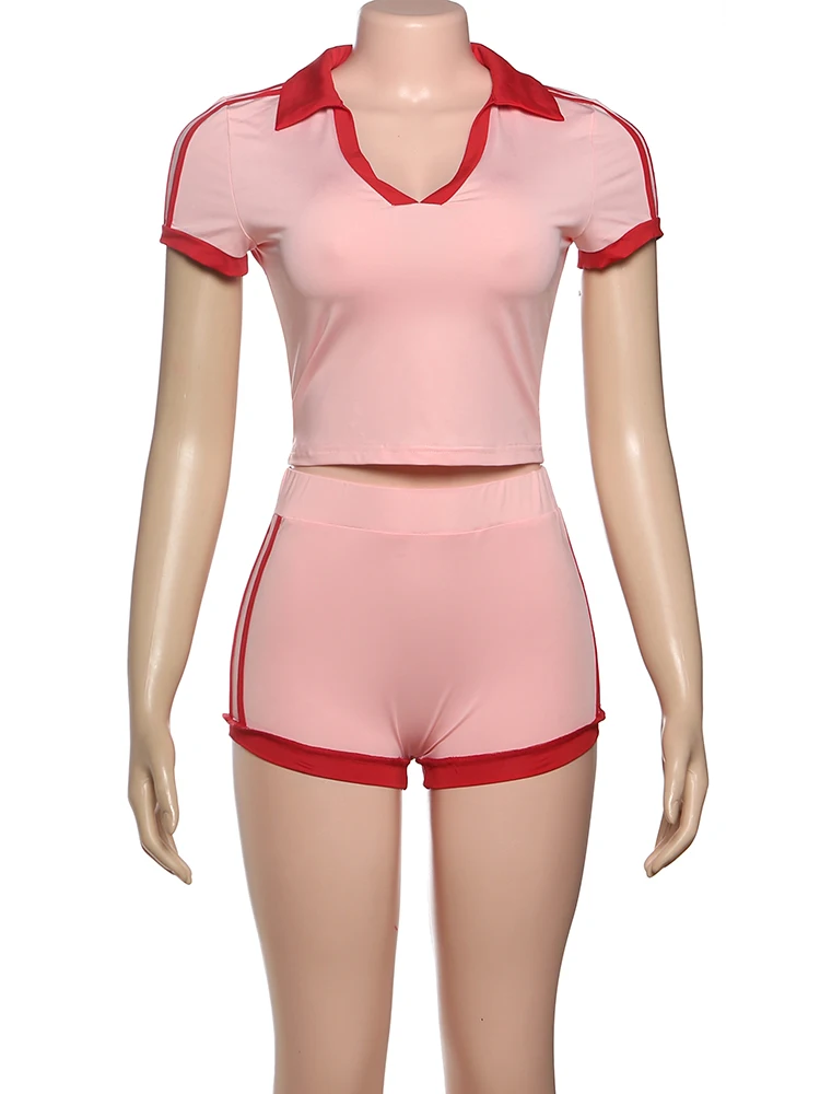

Cutenew Casual Stripe Panelled Women 2 Piece Set Summer Trend Short Sleeve Lapel T-shirts+Matching Slim Shorts Female Tracksuits