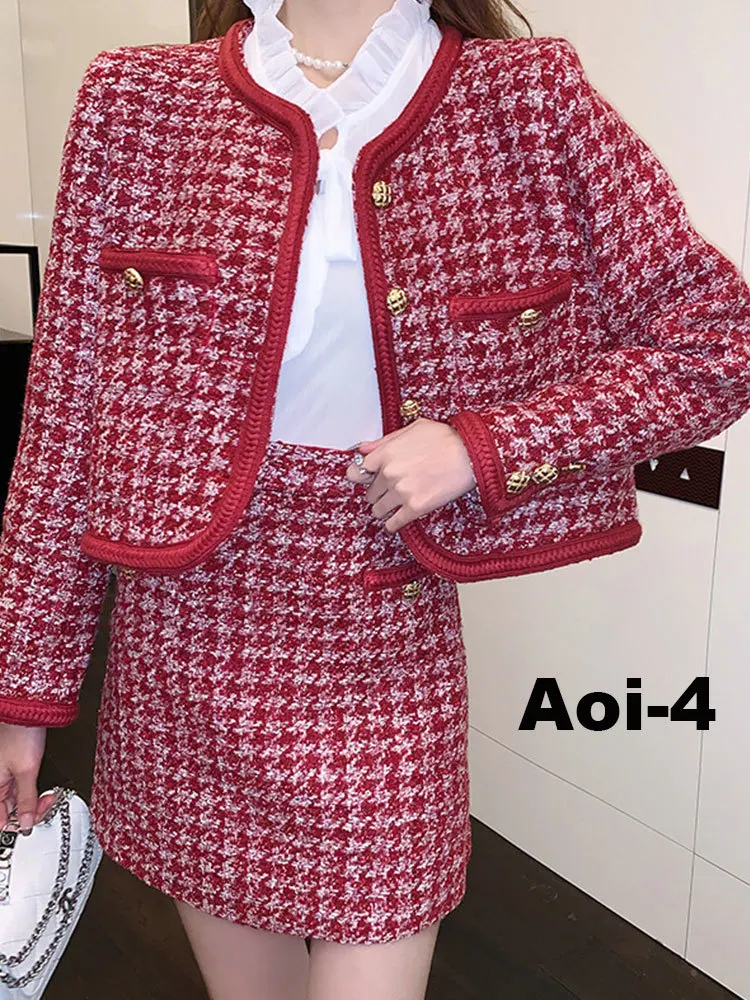 Elegant Cotton Thickened Red Suit Women 23 Autumn Winter Tweed Houndstooth Crewneck Gold Button Coat+A-Line Skirt Two-Piece Set