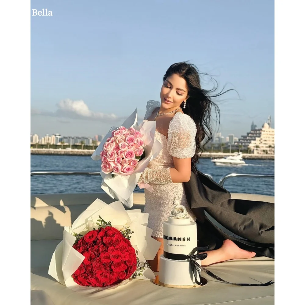 

Bella Customized White Bow BeadingSleeves robes de soirée Puff Sleeve Strapless Backless Party Dresses Afer Party Prom Dress
