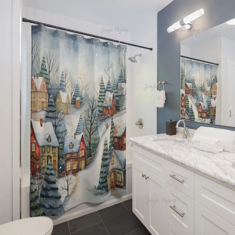 Christmas Village Snow View Bathroom Decoration Vintage Town Winter Wonderland Watercolor Waterproof Shower Curtain