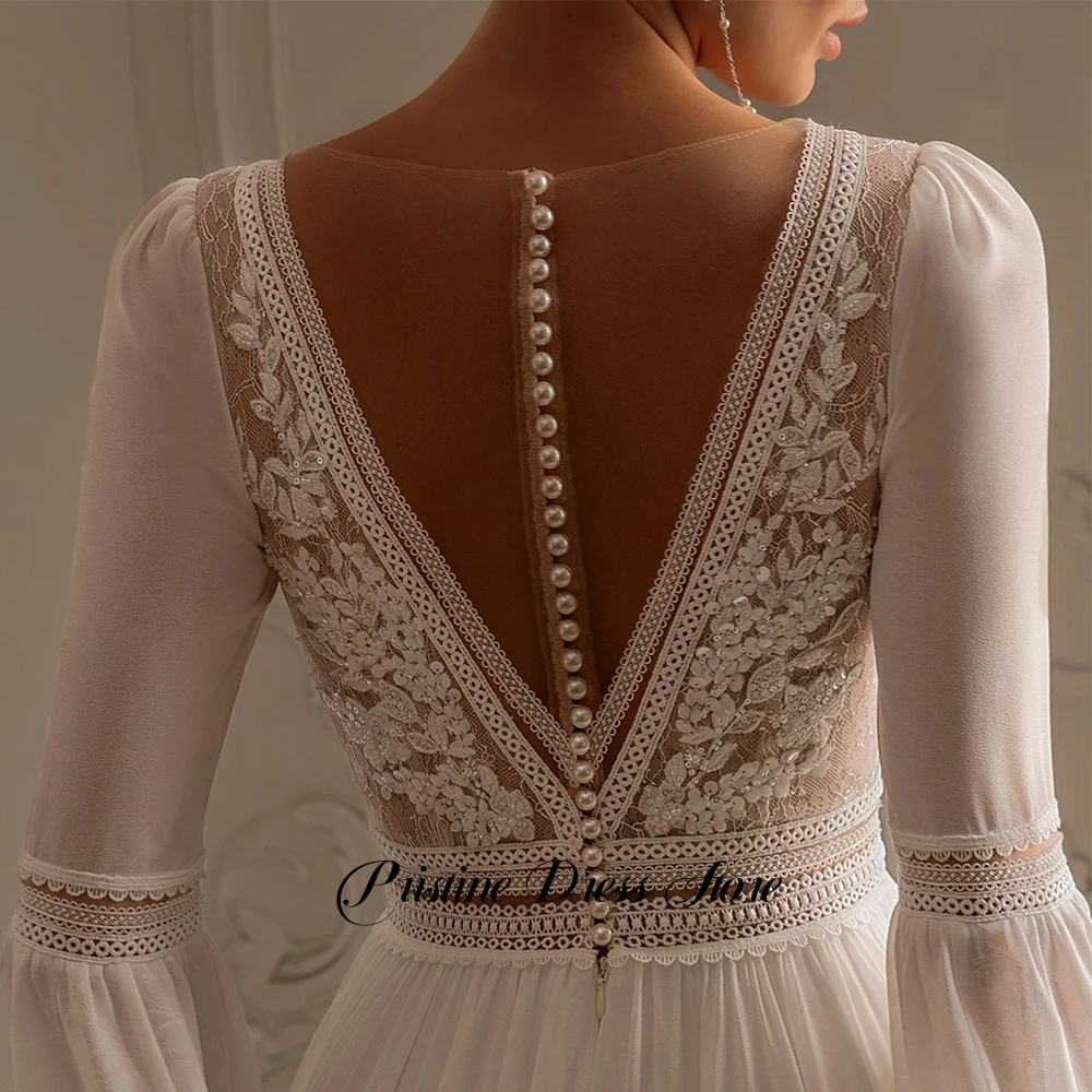 Stunning Flare Sleeves Chiffon Bohemia Wedding Dress with Side Slit Sweep Train Deep V-neck Appliques Lace Sequined Bridal Gowns