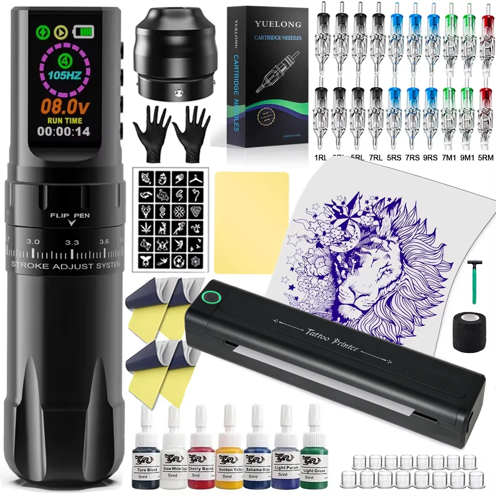 Kit de pluma para máquina de tatuaje inalámbrica, máquina de 7 golpes de 2,4mm-4,2mm con cartucho de impresora de transferencia, agujas de tatuaje, Kits de tintas para tatuaje