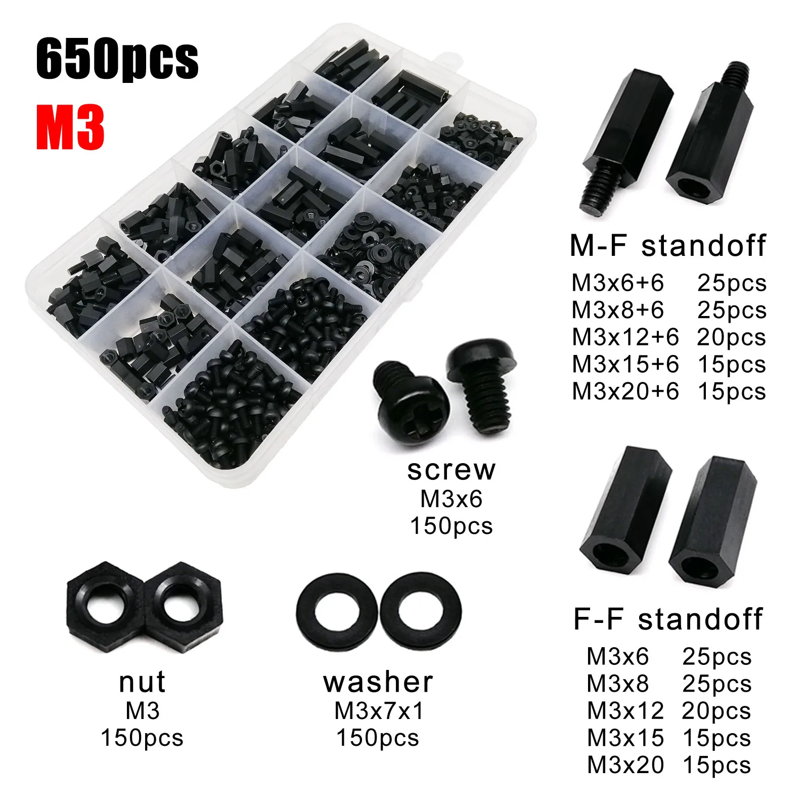 1 doos Plastic Nylon Hex Hexagon Spacer Kolom Standoff Schroef Moer Ring Kit Set voor PCB Moederbord M2 M2.5 M3 M4 Zwart Wit