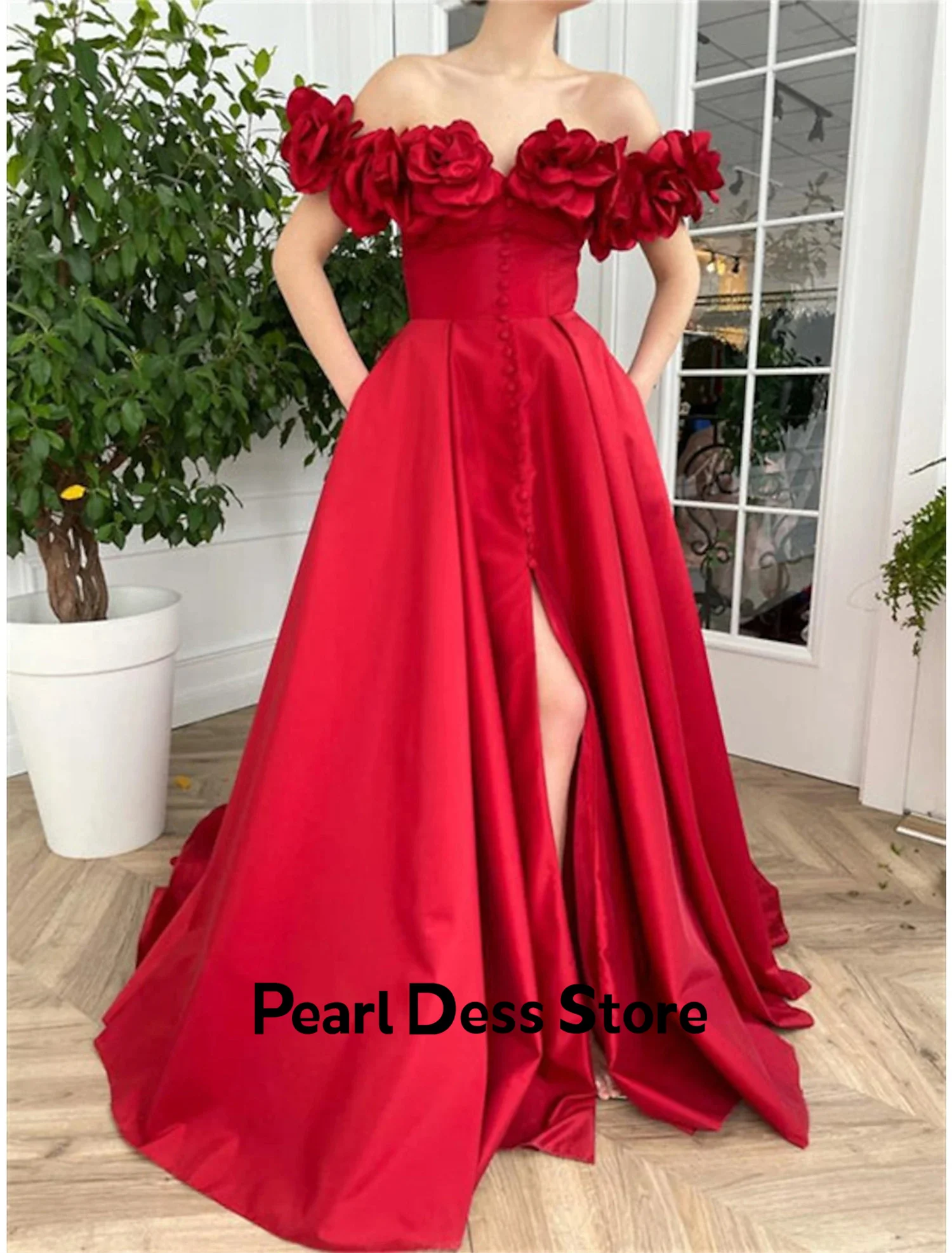 Red Taffeta Prom Dress Off Shoulder A-line Evening Dress Split Handmade Flower Button Long Formal Party Dress