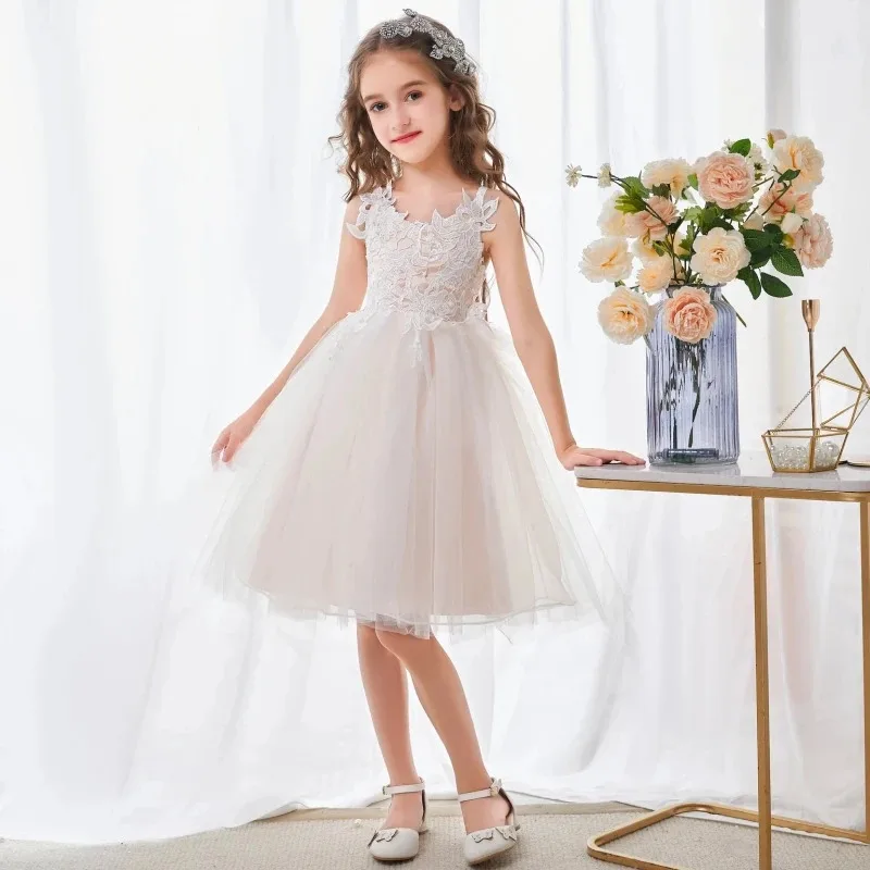 Champagne Flower Girl Dresses Tulle White Pattern Embroidery Sleeveless For Wedding Birthday Party First Communion Gowns