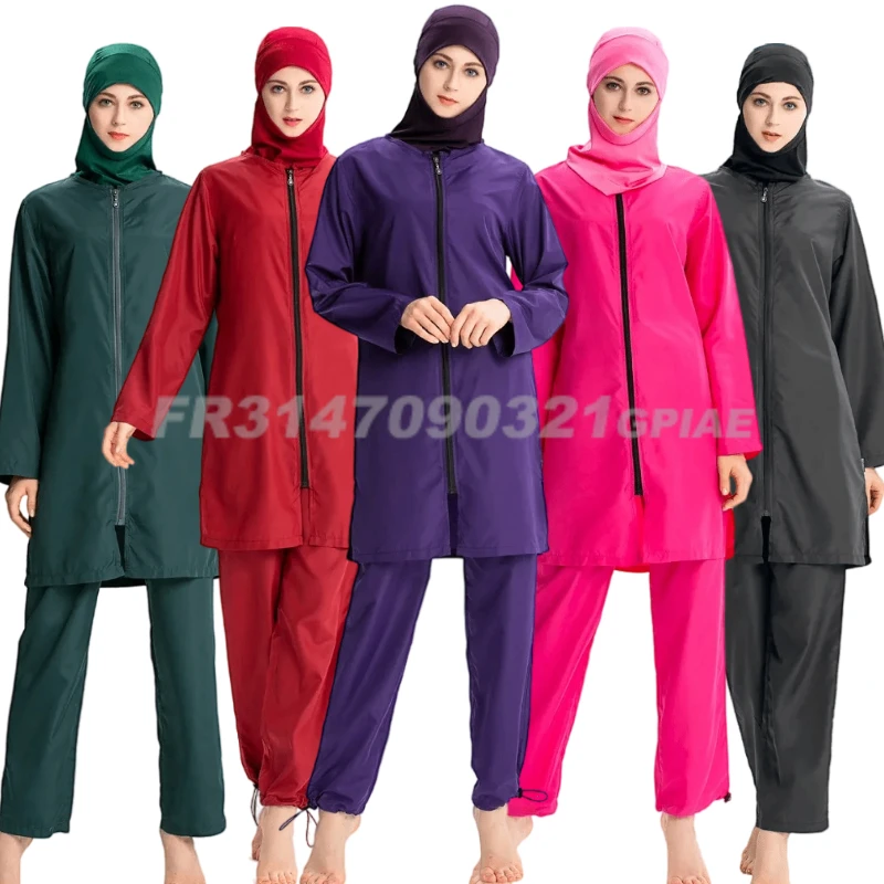 Women Muslim Burkini Swimsuit Modest Swimwear Islamic Long Sleeve Full Cover Hijab Flower Dress Top Cap Swim Pants Bathing Suit