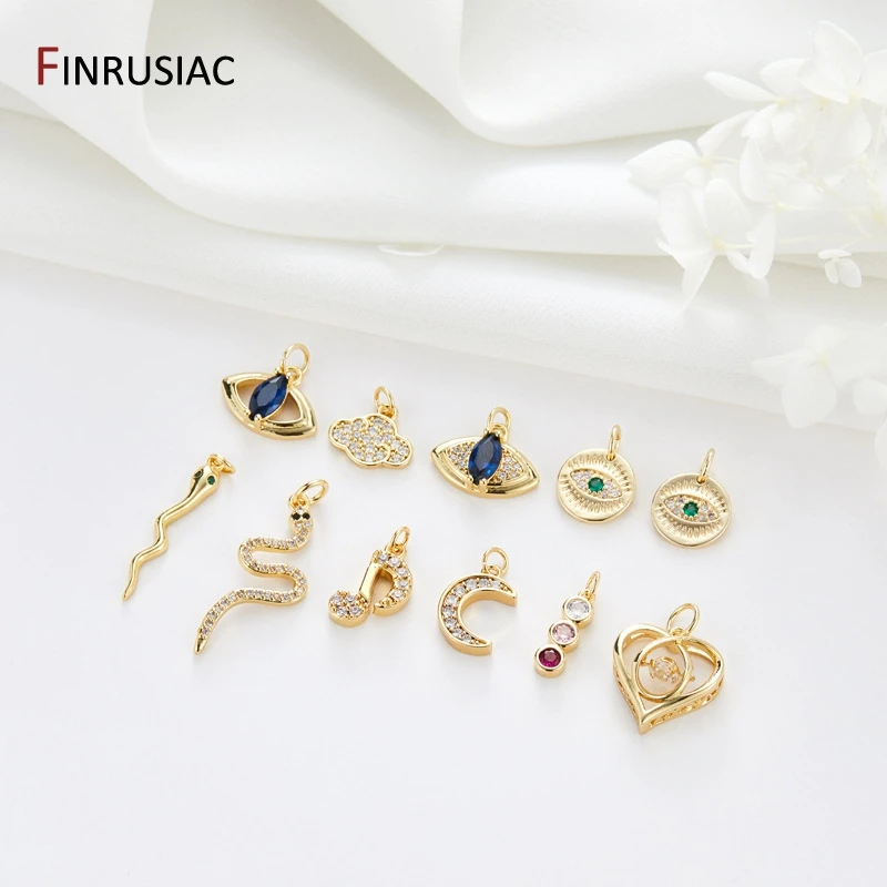 14K Gold Plated Brass Metal With Zircon Evil Eye Snake Heart Charms Pendants For Necklace Earrings Jewelry Making