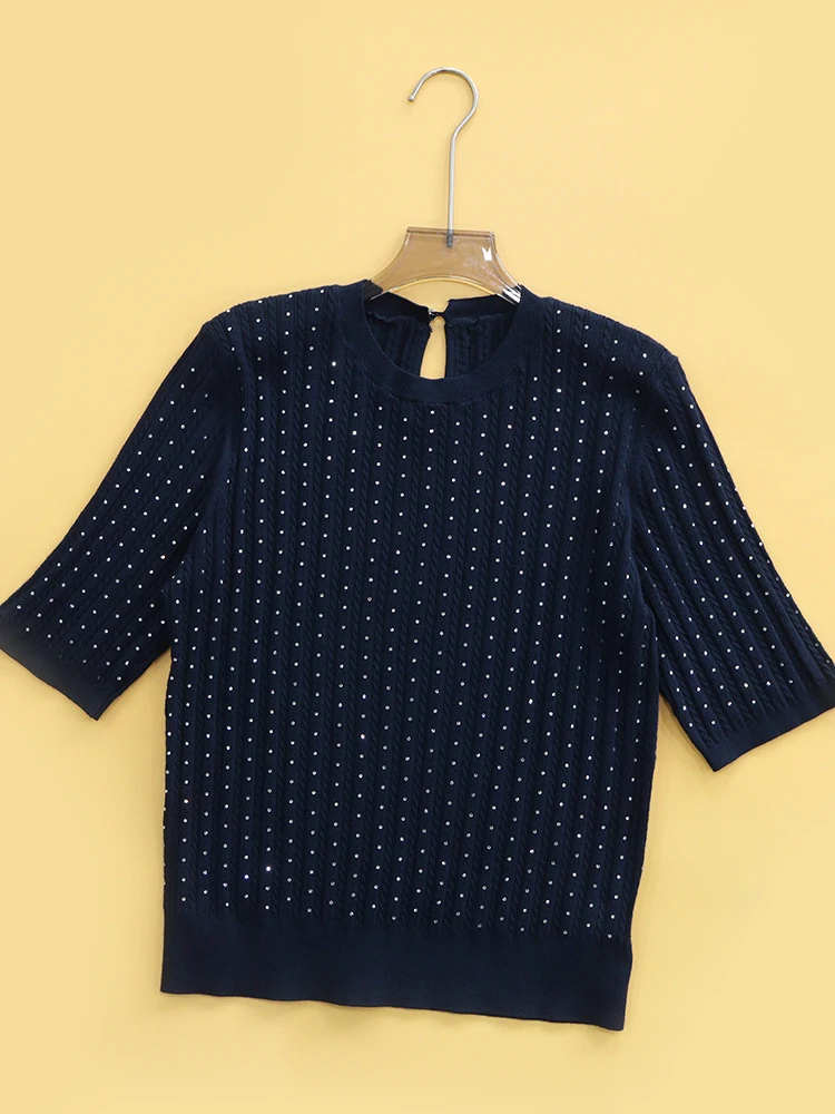 Deep Blue round Neck Short Sleeve Knitted Sweater Heavy Embellishment Drill Women's Fashion Spring Summer HEIDD Exclusive
