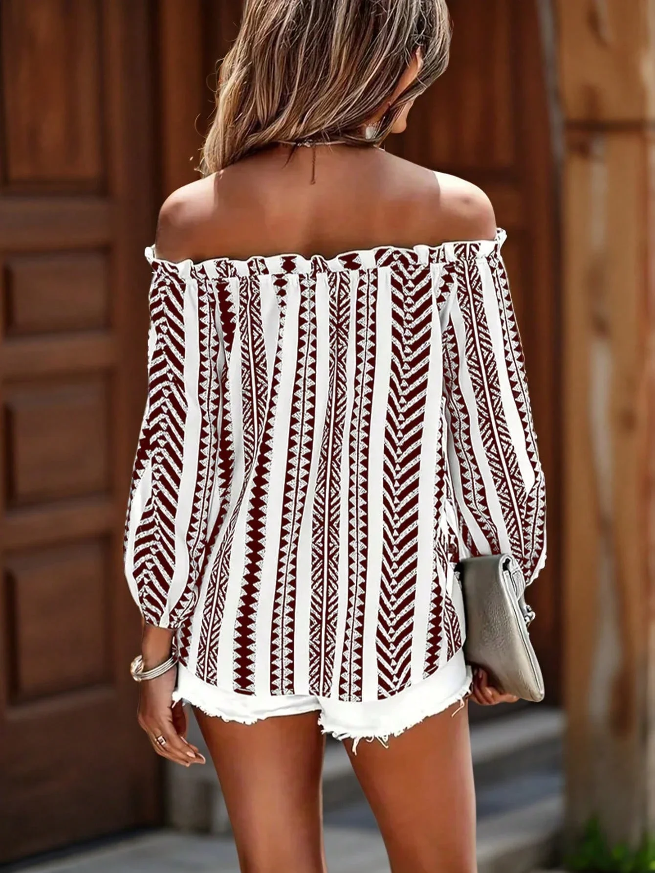 

Off Shoulder Geometric Print Lantern Sleeve Tie Front Blouse Summer Casual