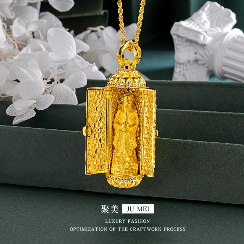 Chinese Style Gold Plated Caishen God Of Wealth Pendant Inlaid Zircon Openable Locket Ancient Craft Lucky Fortune Blessing Jewel