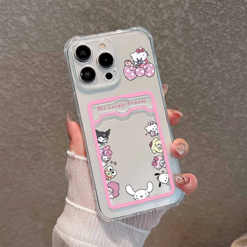 Sanrios Hello Kitty Kuromi Card Hold Case for IPhone 16 15 14 13 12 11 Mini Pro Max X XR XSMax 7 8 Plus Anti-fall Clear Cover