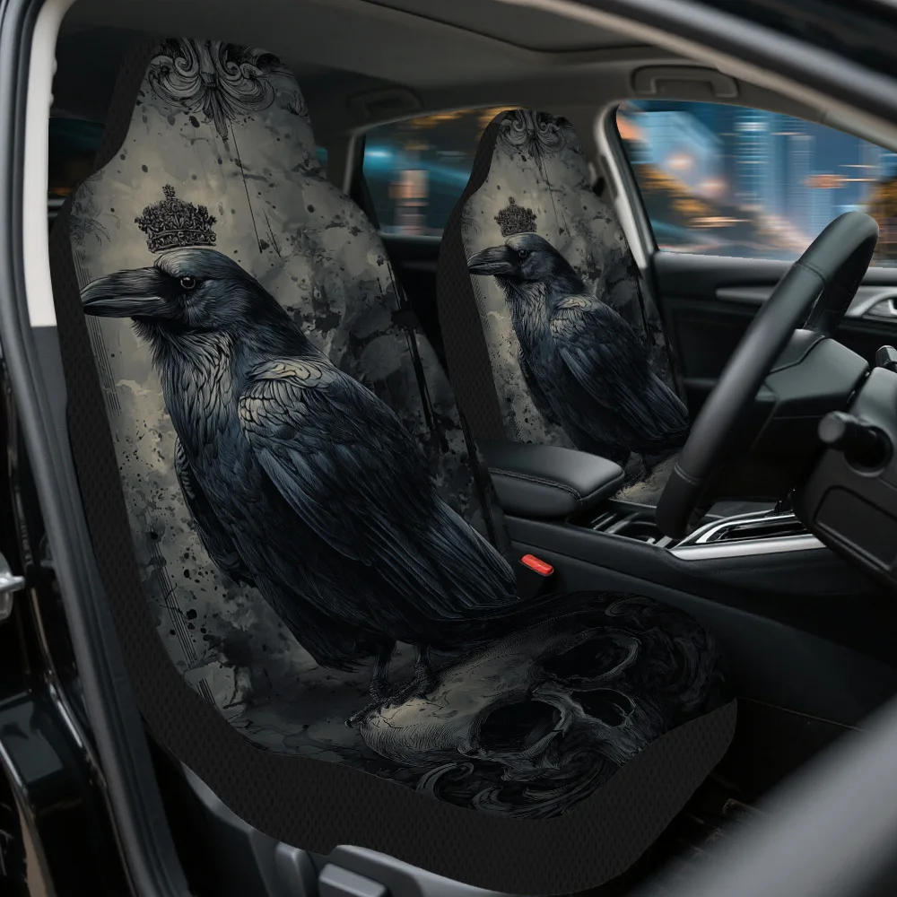 2pcs Halloween Gothic Raven And Skull Design Car Seat Cover Set – High-Quality, Trendy, Durable, And Comfortable Front Seat Pro