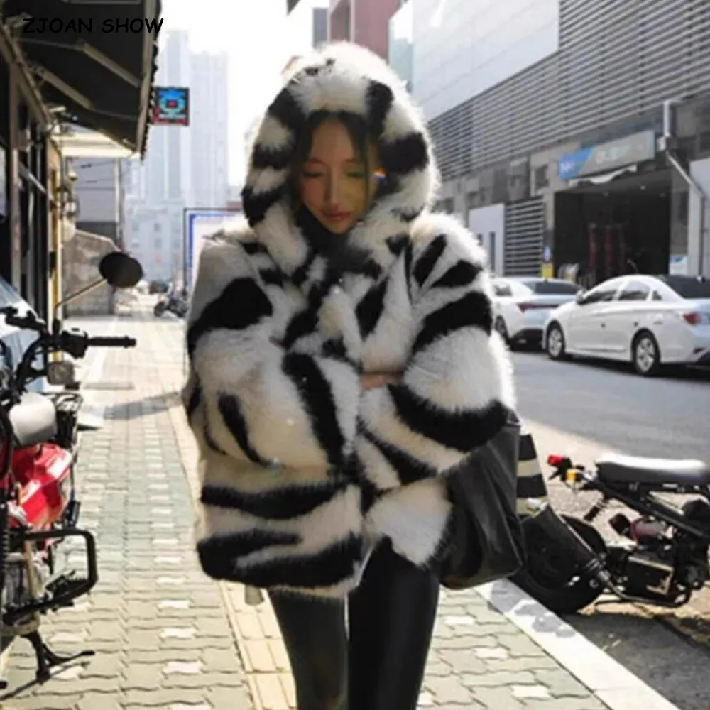 Oversized inverno quente com capuz tamanho grande preto branco zebra casaco de pele do falso chill manga cheia feminino curto desgrenhado outerwear