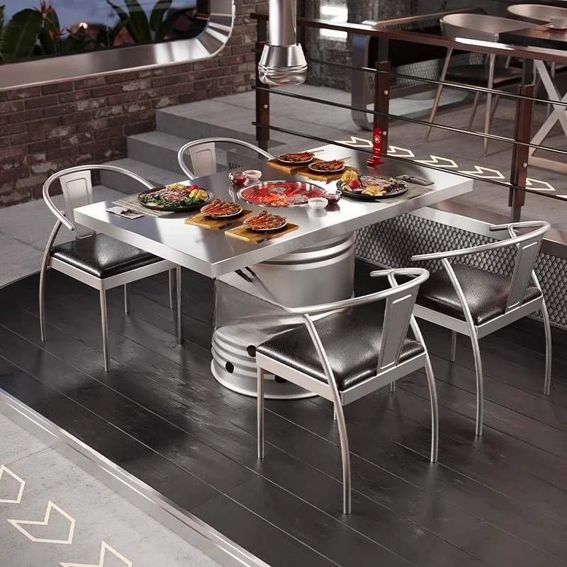 Commercial stainless steel outdoor barbecue table, Korean barbecue hot pot restaurant wrought iron dining table