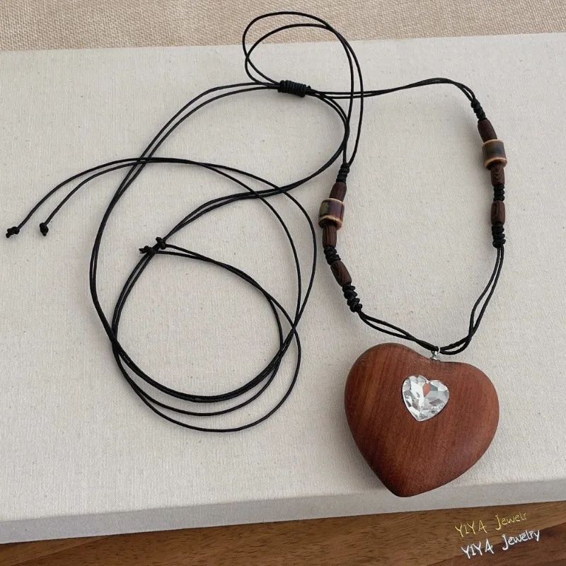 Minar Ethnic CZ Cubic Zirconia Natural Wood Chunky Love Heart Pendant Necklaces for Women Long Adjustable Rope Sweater Chain