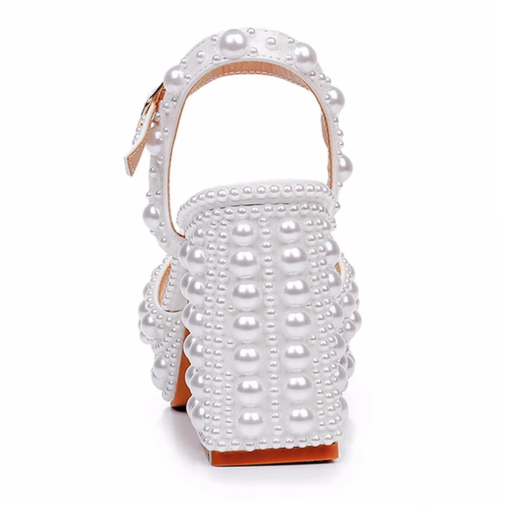 9cm thick heel waterproof platform women's shoes summer white pearl wedding shoes banquet large size high-heeled women's sandals