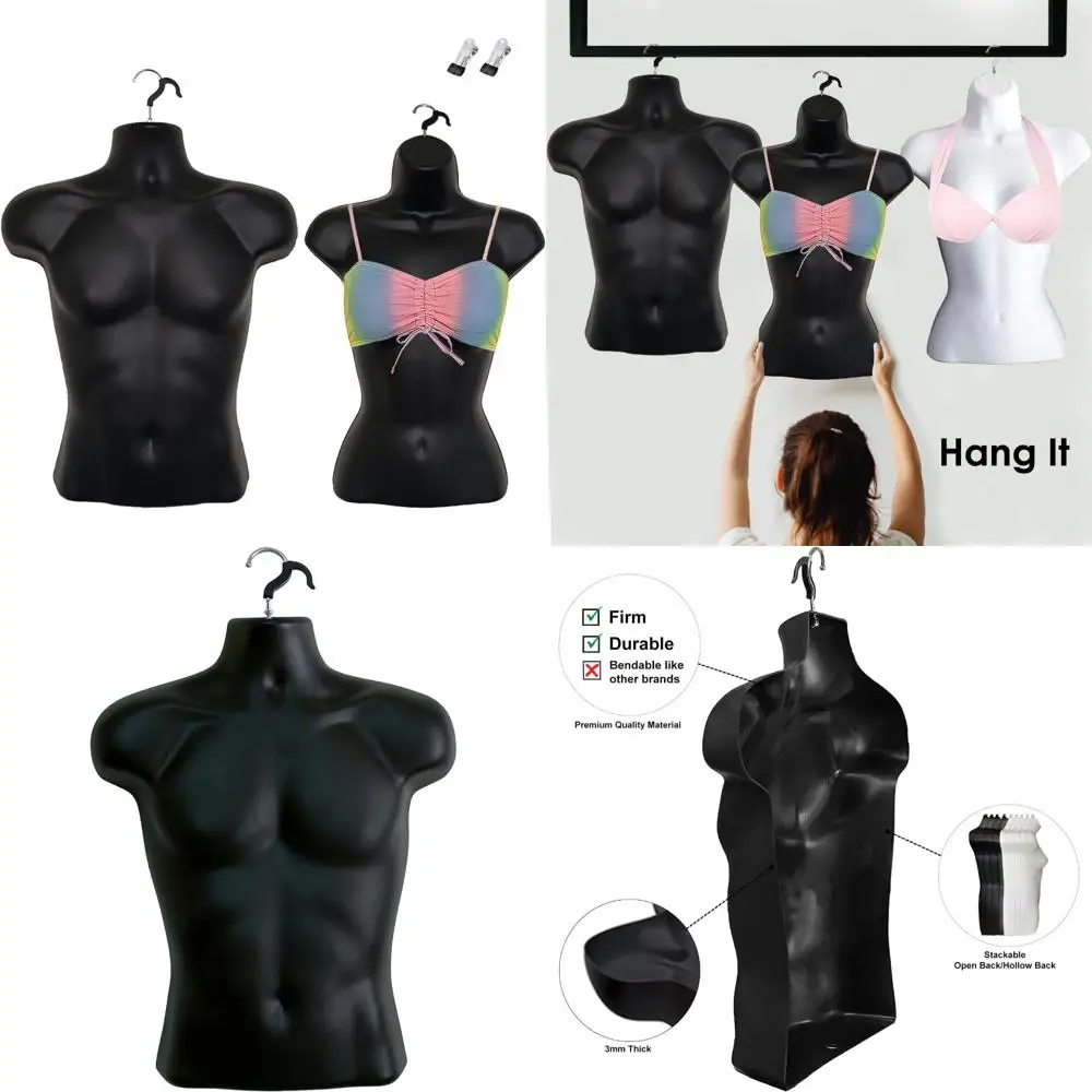 

Black Male and Female Mannequin Half-Rounded Waist Body Torso Dress Form with Hanging Hooks for Display Purposes