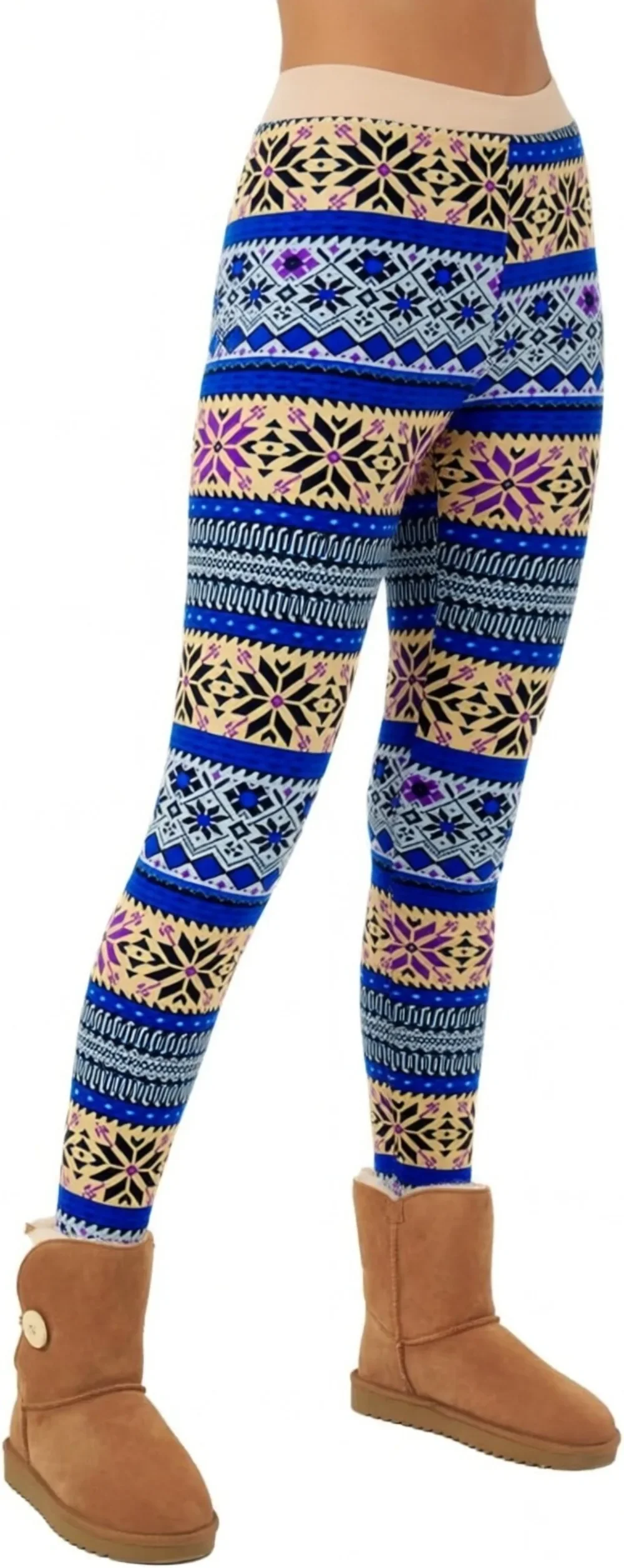 Women Winter 2026 Blue Yellow Aztec Tribal Pattern Leggings Skinny Fit Warm Winter Bottom Pants