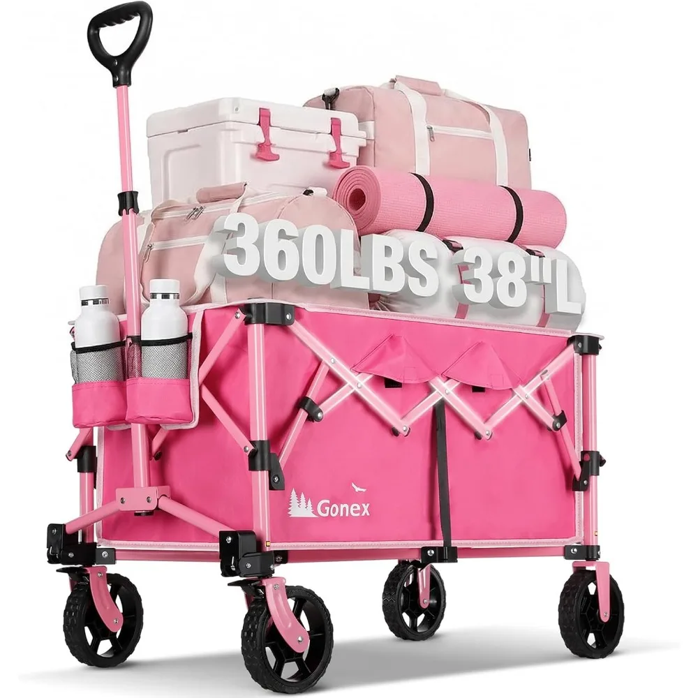 38" Collapsible Utility Wagon Cart, 220L, 360 lb Load, All-Terrain, One-Hand Fold, Adjustable Handle | Camping and Outdoor