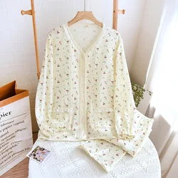 Spring and Autumn New Ladies V-Neck Floral Pajamas Long Sleeve Pants Set 100%Cotton Crepe Large Size Sweet and Cute Homewear Set