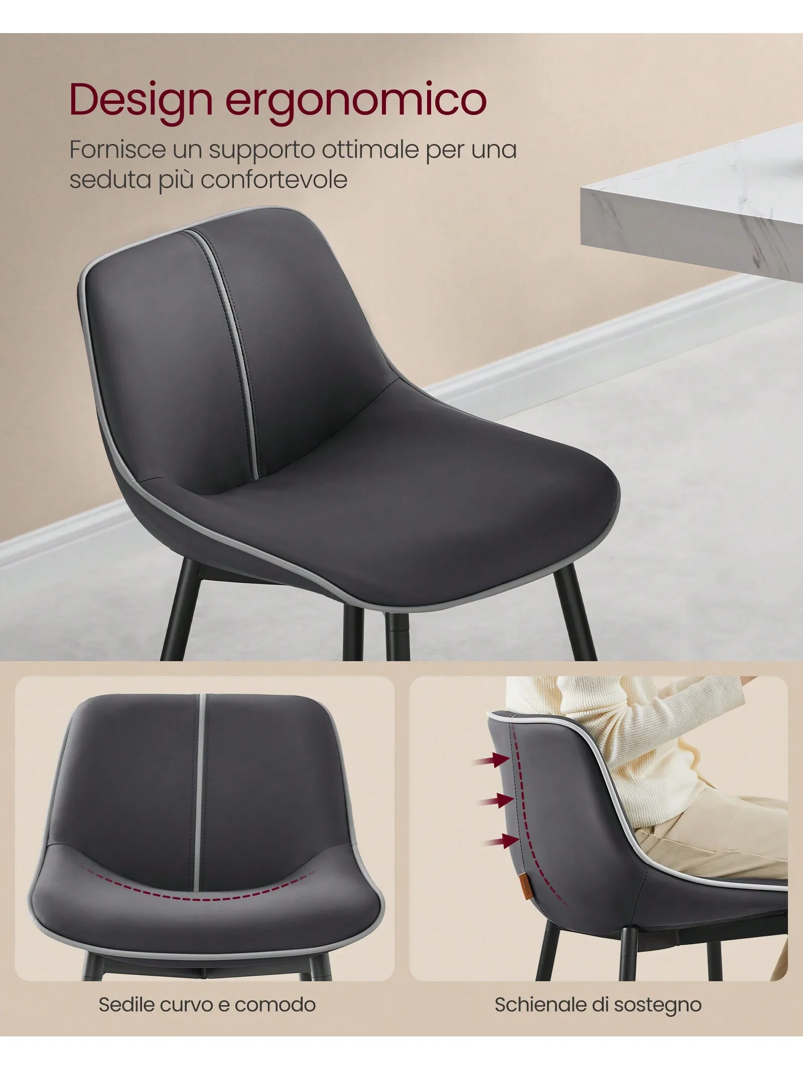 VASAGLE Set di 2 sgabelli da Bar: schienale ergonomico. Tappezzeria in PU, gambe in metallo. Piedini regolabili. 62cm di altezza. Facile montaggio.