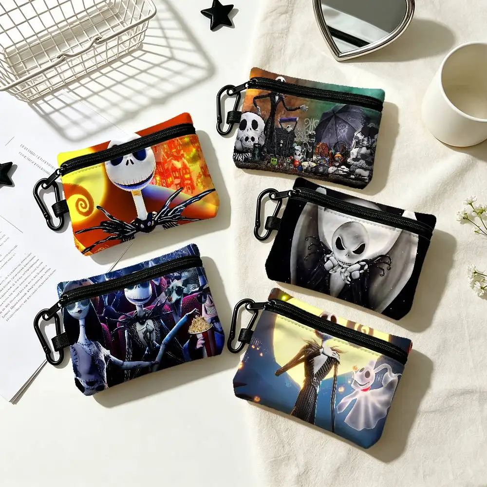 Nightmare Before Christmas Jack Portable Oxford Fabric Mini Wallet Carabiner Design Small Coin Bag For Cards Keys Earphones