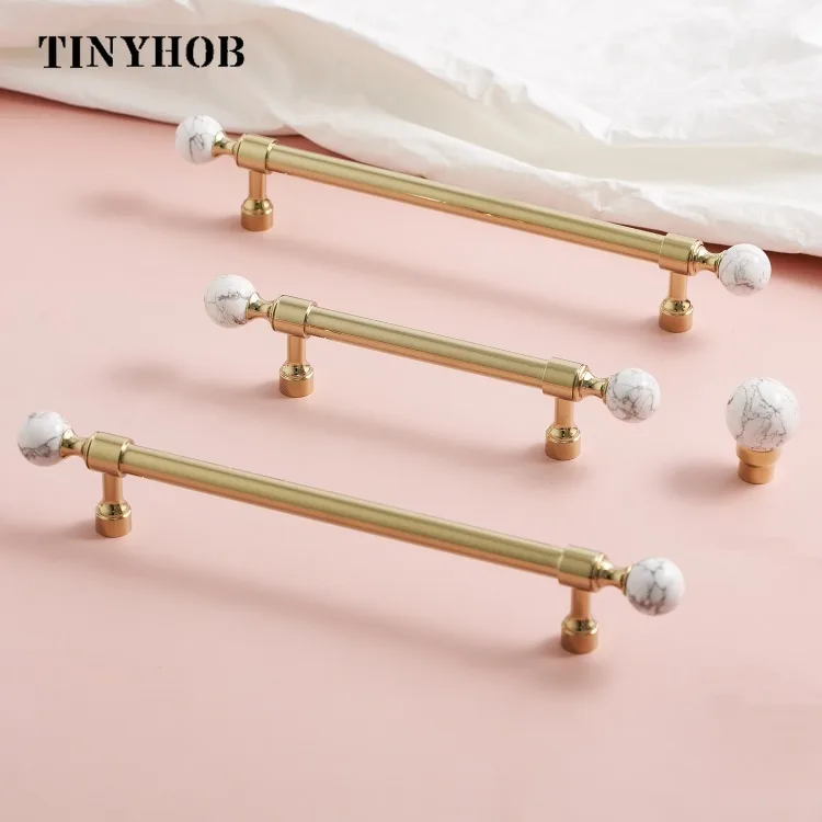 Tinyhob White Marble Stone + Brass Cabinet Knobs Kitchen Drawer Knobs Gold Cupboard Door Handle for Furniture Hardware 224MM