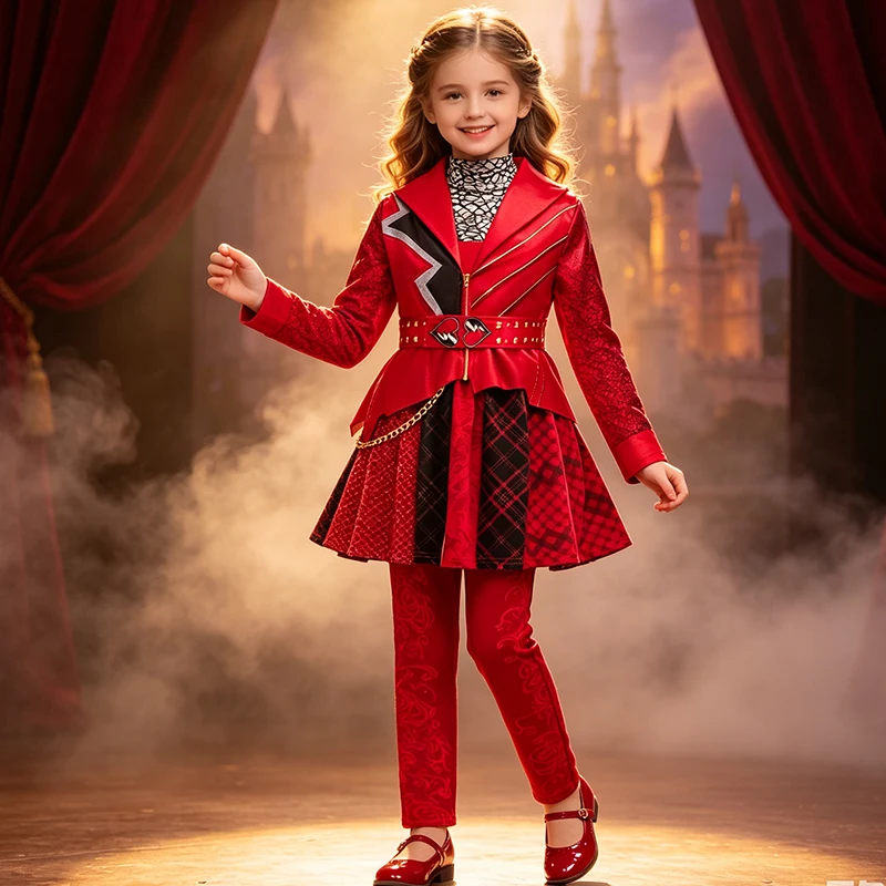Disfraz Rojo Infantil de La Ascensión de la Reina de Corazones, Conjunto Completo con Chaqueta, Vestido, Pantalones y Cinturón para Niñas, Disfraz de Halloween