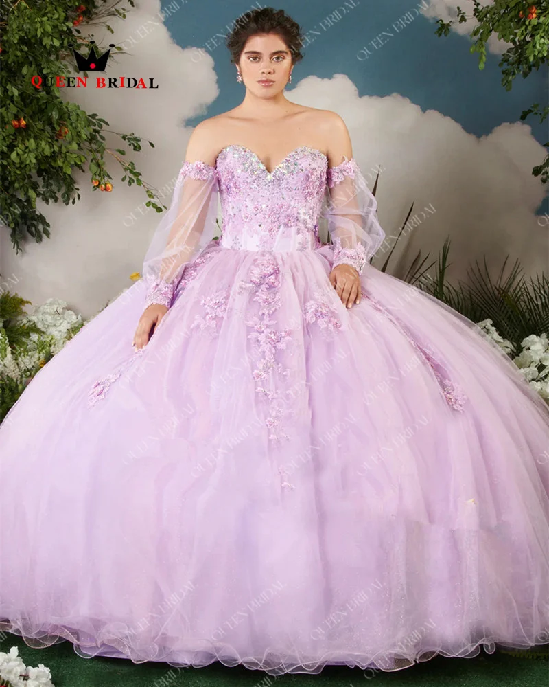 Vestidos de Quinceañera con lentejuelas y apliques elegantes, hombros descubiertos, manga larga, abalorios, cumpleaños, 15, personalizado, H67X