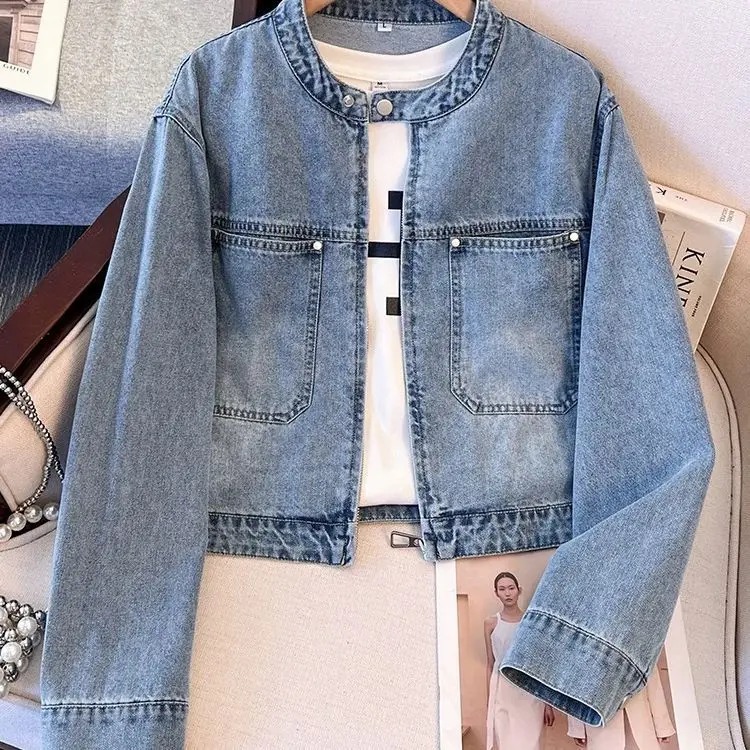 Jaket Denim Wanita 2025 Mantel Musim Semi Musim Panas Baru Kerah Bulat Ritsleting Cardigan Jaket Pendek Tipis Wanita Kasual Atasan Koboi Pakaian Luar