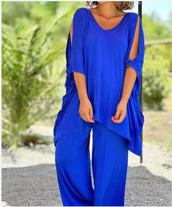 

Fashion Summer Solid Color Pants Sets Women Half Sleeves V-neck Loose Long T Shirt Loose Wide Legs Trousers Two Piece Set