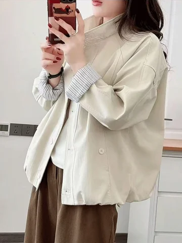 Spring 2026 Women's Elegant Straight Cut Short Thin Coat for Commuting plus Size Stylish Button up Polyester Fiber Long Sleeve
