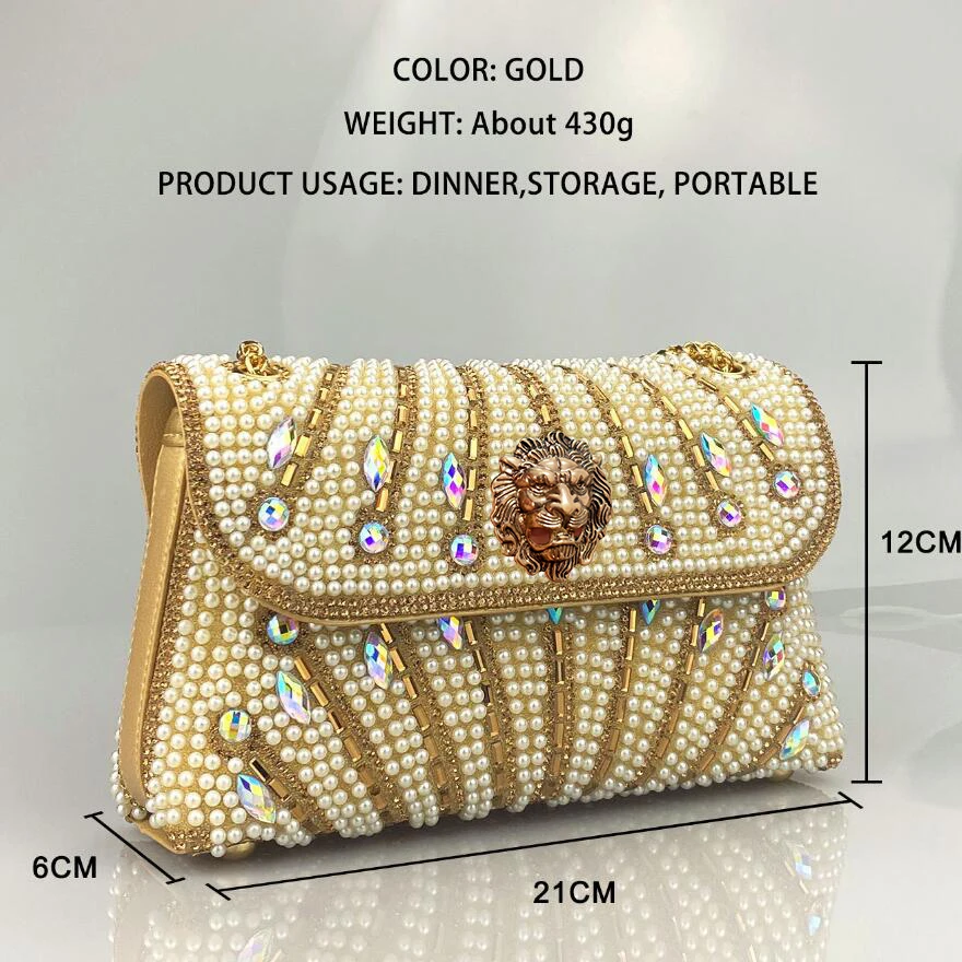 

New handmade pearl handbag for evening dress, high-end tiger-head rhinestone clutch with shoulder strap and crossbody design