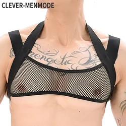 CLEVER-MENMODE Men Sexy Lingerie Harness Mesh Elastic Straps Crop Top Hollow Halter Neck Bondage Body Shoulder Chest Erotic