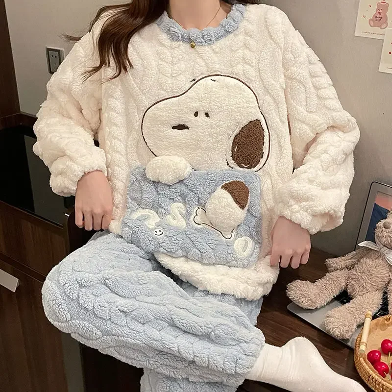 Snoopy Women Pajamas Set Solid Warm 2PCS Sets Thicken Velvet Fleece Set Cartoon Cute Winter Sleepwear Home Suit Loungewear Gifts