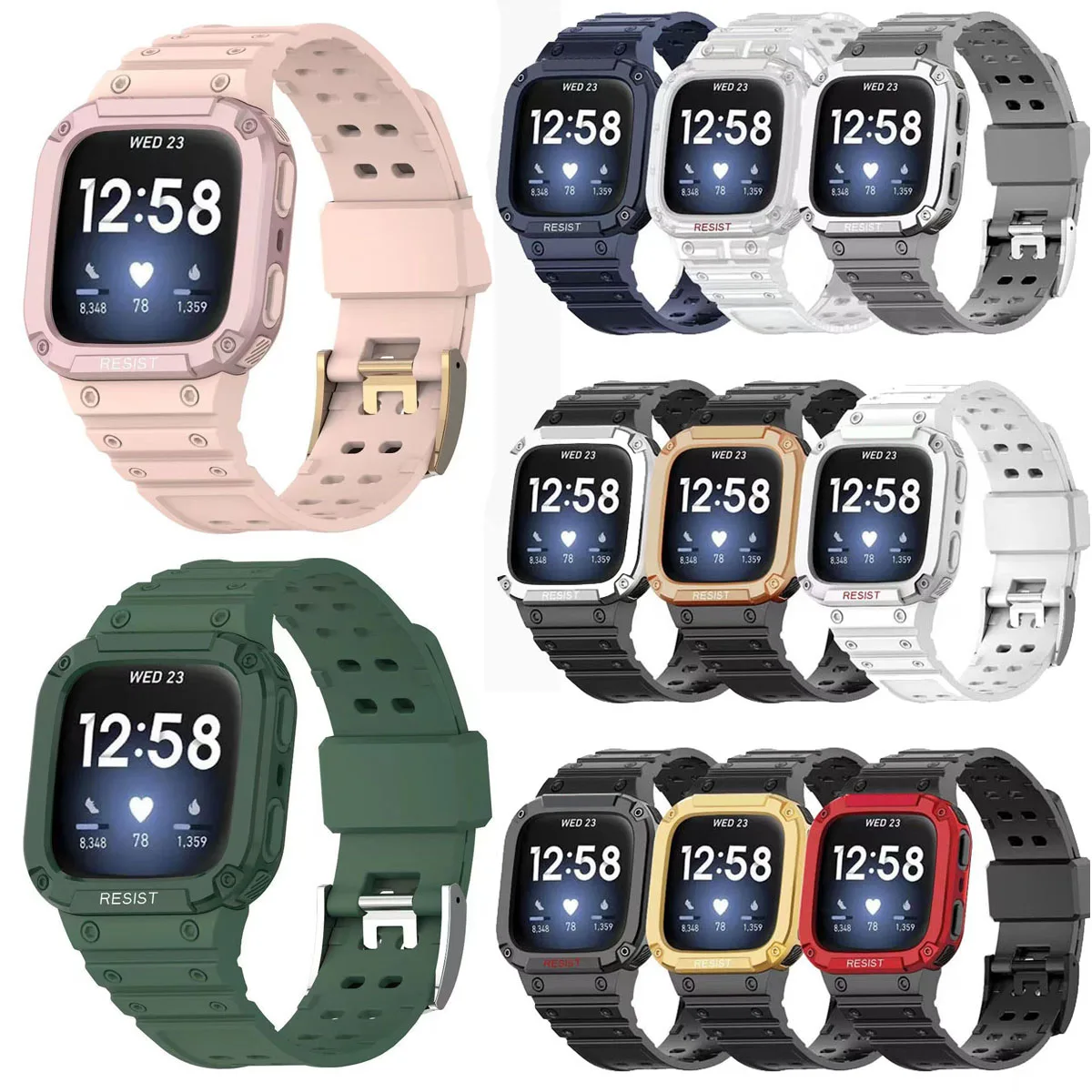 Watch Strap for Fitbit Versa 2 / Versa 3 / Fitbit Sense Band With Case Rugged TPU Band for Fitbit Versa / Versa Lite Cover Belt