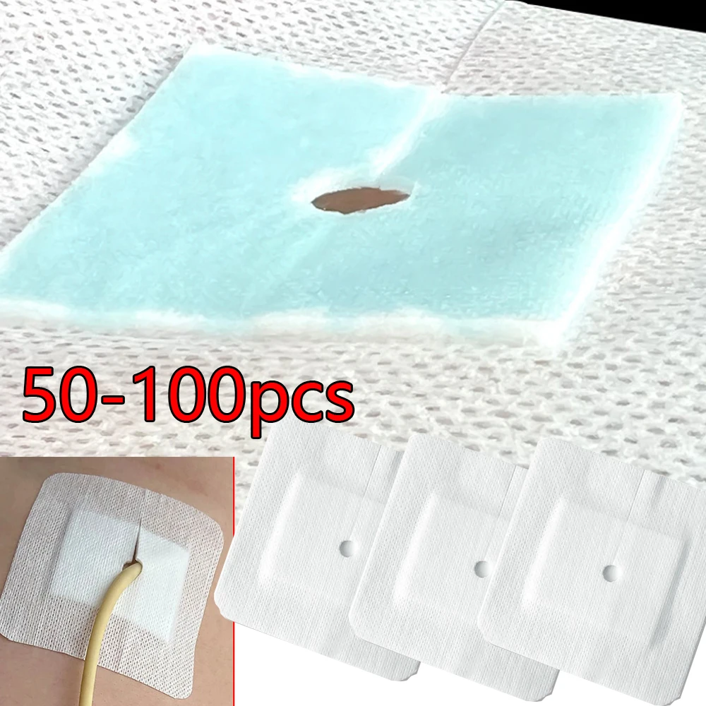 

50/100Pcs Non-Woven Patch with Hole Drainage Tube Sterile Wound Dressing for Renal Puncture Urinary Catheter Fixation