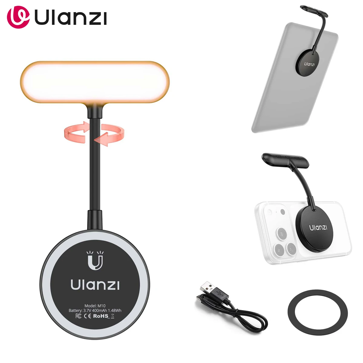 Ulanzi M10 Telefone Móvel LED Selfie Light 2500K-4500K Magnético Flexível Recarregável para Telefone iPhone iPad Laptop Make Up Fill