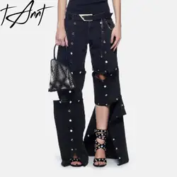 Tannt Women Jeans Irregular Hollow Out Detachable Black Denim Pants Fashion Casual High Waist Long Black Jeans Trousers Women